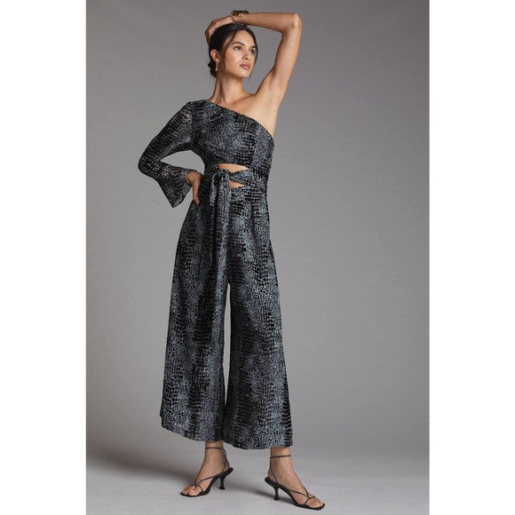 Anthropologie Pants - New Anthropologie GEISHA DESIGNS One-Shoulder Burnout Velvet Jumpsuit SMALL